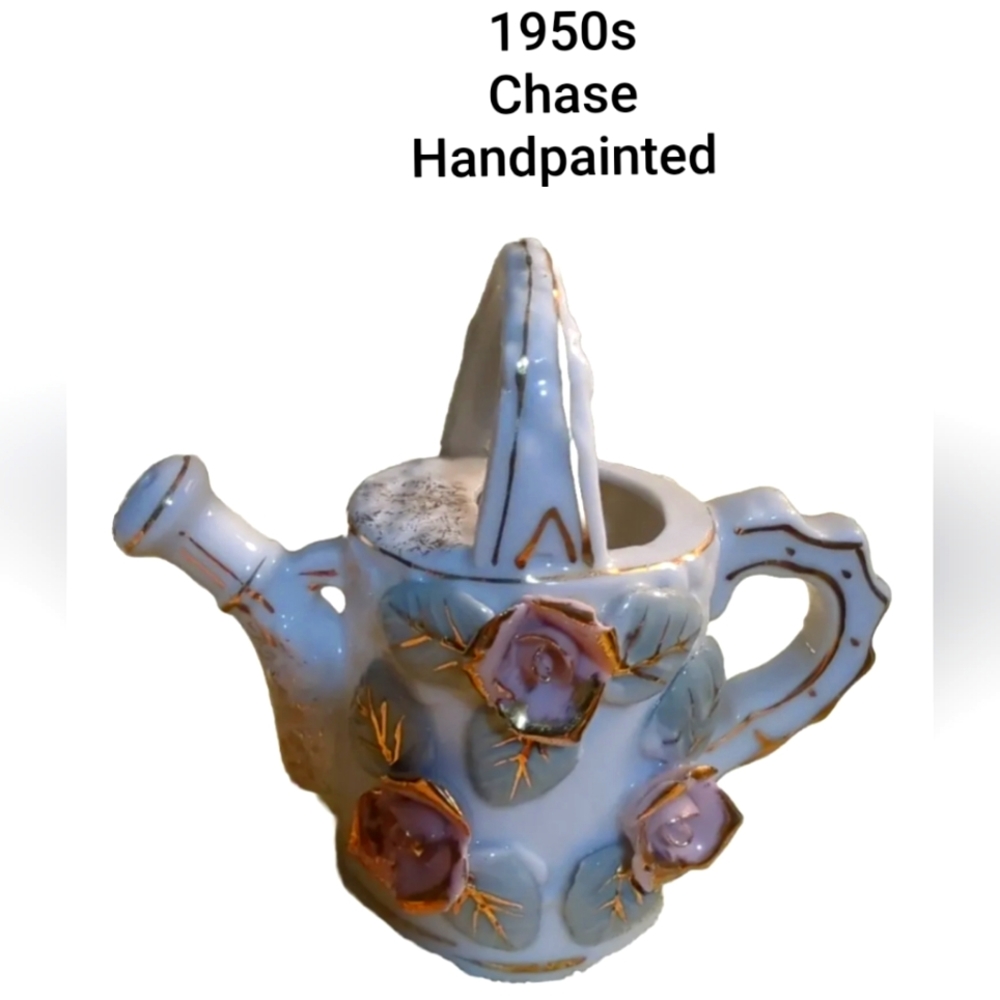 Vintage 1950's 3D Vase Pink Roses Ribbed Watering Can Gold Trim Chase Handpainte